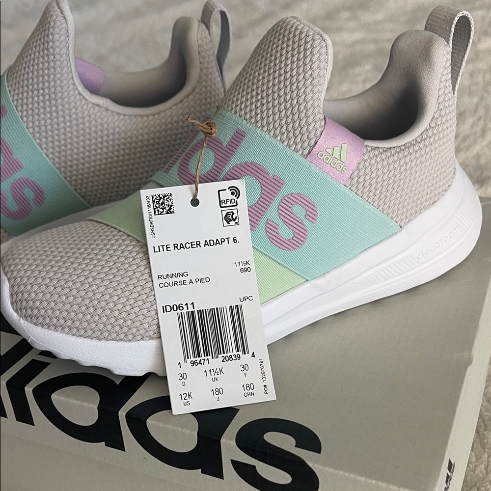 New - Adidas Lite Racer Adapt Kids Shoes - Gray with teal & purple accents